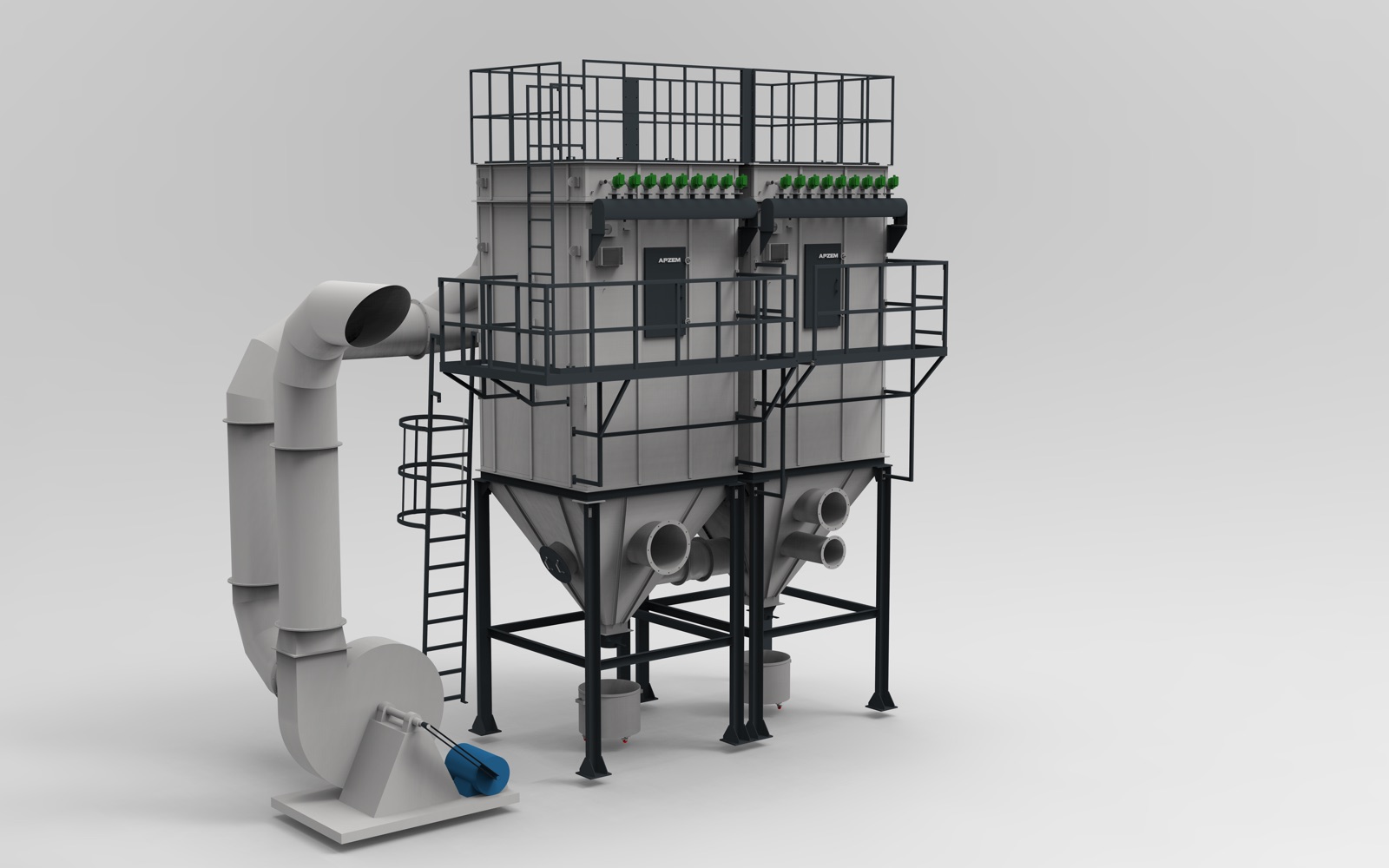 Centralised industrial dust collection system with filter units, ducting, blower, and access platforms